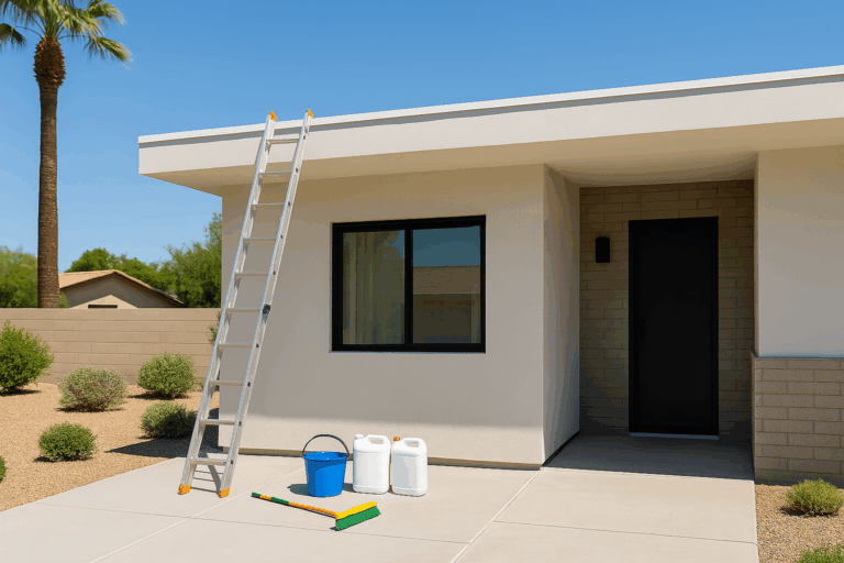 Modern flat-roof home in Arizona with ladder and prep supplies on a sunny day